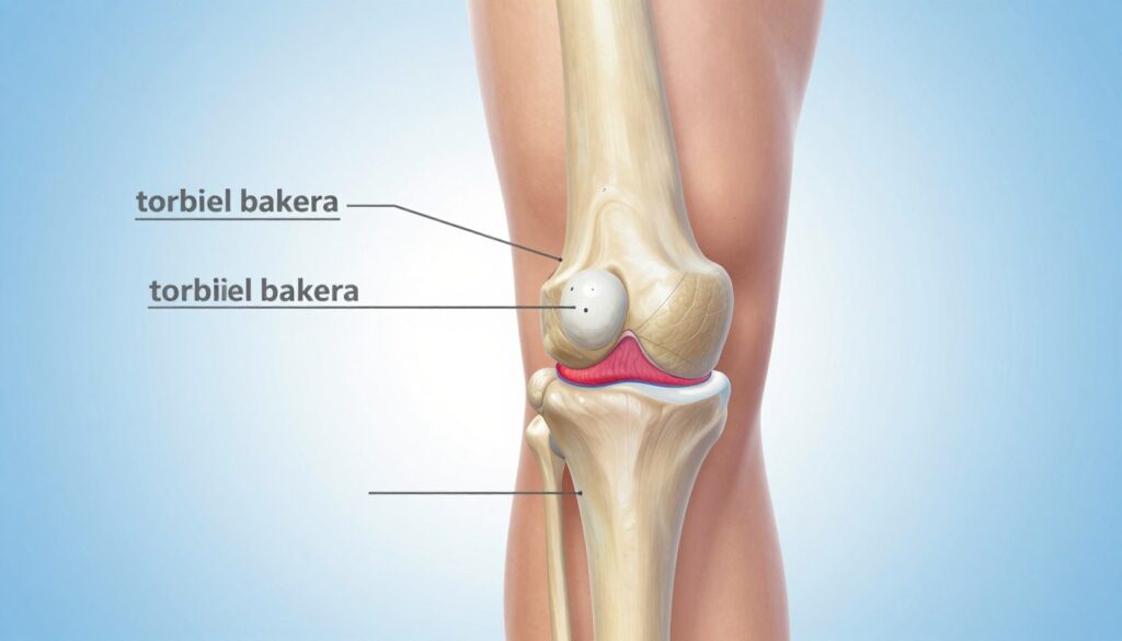 A medical illustration of a knee joint with a prominent "torbiel bakera" (Baker's cyst) clearly visible on the back, depicted in a realistic style. In the foreground, the knee is slightly bent, highlighting the cyst's location and size relative to the surrounding tissues. The middle ground features labeled anatomical structures, such as ligaments and tendons, to enhance understanding of the condition. The background is a soft gradient of light blue and white, creating a clean and clinical atmosphere. The lighting is bright and even, emulating a professional medical setting. The mood should be informative and educational, aiming to provide clarity on when surgical intervention for the cyst might be necessary.