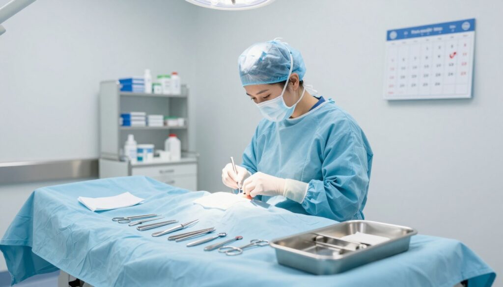 A medical preparation scene for a nail fungus surgical procedure. In the foreground, a sterile surgical table is neatly arranged with instruments such as scalpels, forceps, and gauze, all reflecting soft, clean lighting. A partially open surgical tray reveals additional equipment, all set against a backdrop of a minimalist, well-lit medical room. In the middle ground, a professional healthcare worker in a surgical gown and mask meticulously sanitizes the area, embodying focus and precision. The background features bright, sterile walls, shelves filled with medical supplies, and a calendar with a date circled, suggesting urgency. The atmosphere is calm but serious, evoking a sense of professionalism and care, illuminated by soft overhead lighting to create a reassuring environment.