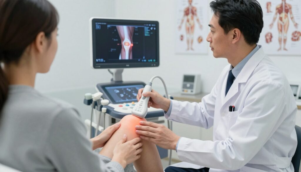 A medical professional, depicted in a modern clinic setting, is examining a patient's knee, focusing on the area just below the kneecap. The doctor, dressed in white lab coat and smart business attire, is using an ultrasound device to display a detailed image of the knee joint on a screen. The image showcases anatomical structures, highlighting possible issues relating to pain beneath the knee, with attention to soft tissues and ligaments. The background includes anatomical diagrams and medical equipment, enhancing the clinical atmosphere. Soft, natural lighting illuminates the scene, creating an informative and professional mood, encouraging a sense of trust and care in medical diagnostics. The camera angle is slightly elevated to capture the interaction between the doctor and patient, ensuring the environment is clean and organized.