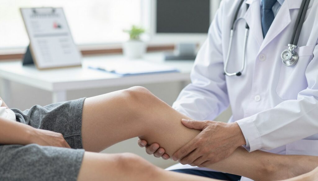A medical professional examining a patient's legs, focusing on the lower legs from the knees down. The foreground features the doctor's hands gently holding the patient's leg, with a stethoscope draped around their neck. The middle ground shows a well-lit clinic environment, with medical charts and diagnostic tools neatly arranged on a desk. The background includes a window with soft natural light filtering in, creating a calm and reassuring atmosphere. The professional is dressed in a crisp white lab coat and the patient is wearing modest casual clothing. The lighting is bright and inviting, capturing the seriousness yet supportive nature of a medical consultation. The overall mood is one of attentiveness, care, and professionalism, emphasizing the importance of medical diagnostics. A medical professional examining a patient's legs, focusing on the lower legs from the knees down. The foreground features the doctor's hands gently holding the patient's leg, with a stethoscope draped around their neck. The middle ground shows a well-lit clinic environment, with medical charts and diagnostic tools neatly arranged on a desk. The background includes a window with soft natural light filtering in, creating a calm and reassuring atmosphere. The professional is dressed in a crisp white lab coat and the patient is wearing modest casual clothing. The lighting is bright and inviting, capturing the seriousness yet supportive nature of a medical consultation. The overall mood is one of attentiveness, care, and professionalism, emphasizing the importance of medical diagnostics.