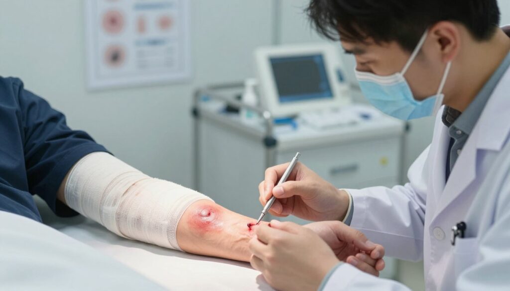 A medical professional examining a post-operative wound on a patient's arm after the removal of a sebaceous cyst. The foreground features the doctor's focused expression, highlighting their attentive and caring demeanor. In the middle, a close-up of the patient's bandaged arm is visible, showcasing signs of inflammation, redness, and mild swelling, indicating potential infection. Soft, natural lighting illuminates the scene, casting gentle shadows for a realistic effect. The background is a clinical examination room with medical tools and charts, adding to the professional atmosphere. The overall mood conveys concern and vigilance, emphasizing the importance of recognizing troubling symptoms after surgery. The composition is balanced and clean, devoid of any distractions, ensuring clarity in the message.