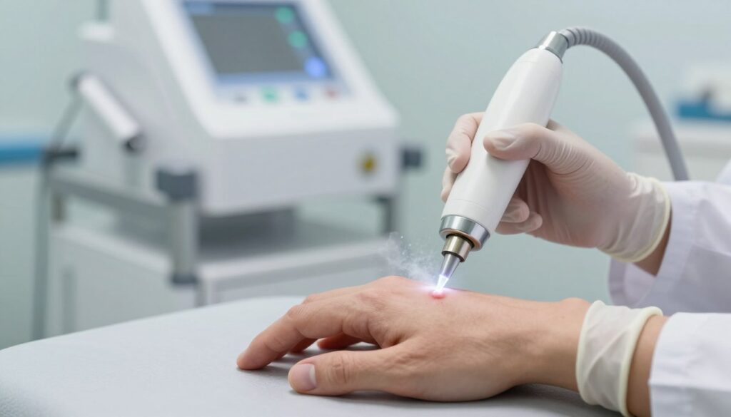 A medical professional in a sterile environment is performing cryotherapy to remove viral warts from a patient’s hand. In the foreground, focus on the doctor's hands, wearing protective gloves, maneuvering a cryotherapy device with precision. The middle ground shows the patient's hand resting on a flat surface, a small wart clearly visible, being targeted by the device that emits a frost-like mist. In the background, a clean, clinical room with medical equipment and soft, diffused lighting enhances the atmosphere of professionalism and care. The image conveys a sense of gentle treatment and advanced medical technology, highlighting the focus on patient safety and comfort during the procedure.