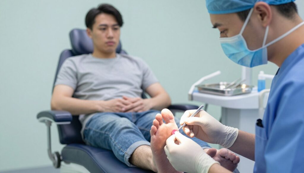 A medical scene depicting the process of ingrown toenail removal in a sterile environment. In the foreground, a healthcare professional in scrubs is carefully examining a patient's foot with a focused expression, using surgical tools. The middle layer shows the patient, dressed in modest casual clothing, sitting comfortably in a medical chair with a slight look of nervousness. In the background, softly lit surgical instruments and a sterile tray are visible, contributing to the clinical atmosphere. The lighting is bright and clinical, highlighting the professionalism of the procedure. The composition should convey a sense of care and expertise, emphasizing the gravity of the medical process while remaining approachable.