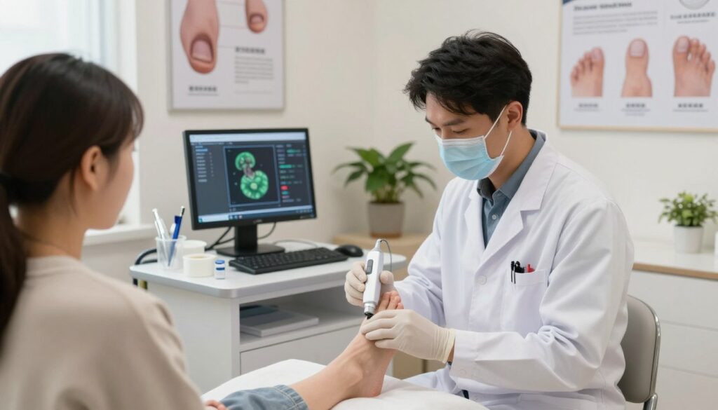 A modern dermatology clinic focused on professional nail fungus treatment. In the foreground, a dermatologist in a white lab coat examines a patient's foot, showcasing an advanced examination tool. The middle ground features a clean and organized examination area with medical instruments, a computer displaying fungal treatment options, and posters on the walls illustrating nail fungus treatment processes. The background includes soft, natural lighting that creates a calming atmosphere, with plants in the corner adding a touch of warmth. The angle captures the interaction between the doctor and the patient, highlighting professionalism and care in a clinical setting. The overall mood is informative and reassuring, focused on effective treatment solutions.