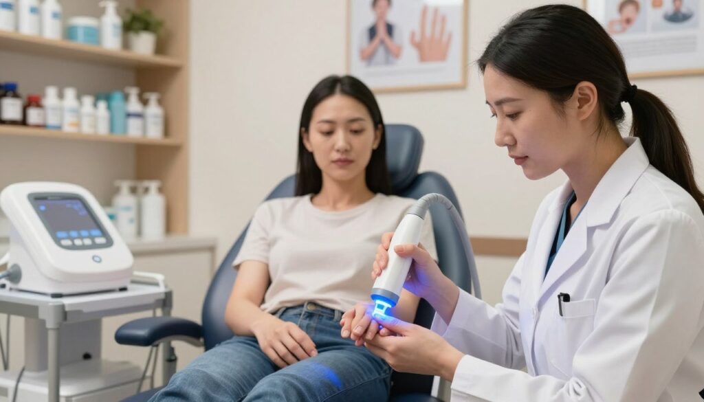 A modern laser therapy session targeting nail fungus, set in a clinical environment. In the foreground, a focused female doctor in professional attire operates a sleek laser device, casting bright blue light onto a patient’s hand, showcasing their fingernails under treatment. The middle ground features the patient's calm expression, seated in a comfortable, sterile treatment chair. In the background, shelves lined with medical supplies and a softly illuminated wall with framed health posters create a clinical atmosphere. The scene is well-lit with soft, diffused lighting that emphasizes the technology and professionalism. The overall mood conveys hope and innovation in dermatological care, highlighting the cutting-edge approach to treating nail fungus. A modern laser therapy session targeting nail fungus, set in a clinical environment. In the foreground, a focused female doctor in professional attire operates a sleek laser device, casting bright blue light onto a patient’s hand, showcasing their fingernails under treatment. The middle ground features the patient's calm expression, seated in a comfortable, sterile treatment chair. In the background, shelves lined with medical supplies and a softly illuminated wall with framed health posters create a clinical atmosphere. The scene is well-lit with soft, diffused lighting that emphasizes the technology and professionalism. The overall mood conveys hope and innovation in dermatological care, highlighting the cutting-edge approach to treating nail fungus.