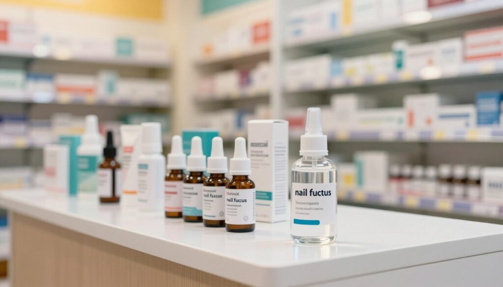 A modern pharmacy counter featuring a neatly arranged display of antifungal nail treatment solutions. In the foreground, a clear bottle of "nail fungus liquid" with a sleek design, reflecting light to emphasize its purity and efficacy. Behind it, various other related products like creams and topical solutions, all neatly labeled. The background includes a softly lit pharmacy aisle with shelves filled with health and wellness items, creating a clean and clinical atmosphere. The lighting is warm yet professional, enhancing the sense of trustworthiness. The mood is informative and inviting, reflecting a focus on health and care, suitable for individuals seeking solutions for nail fungus.