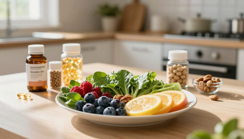 A nutritious and aesthetically arranged plate showcasing healing foods, including vibrant fruits like berries, leafy greens, and nuts, positioned prominently in the foreground. In the middle ground, a well-organized kitchen table with jars of supplements, such as omega-3 capsules and multivitamins, reflecting a health-conscious atmosphere. The background features a softly lit kitchen environment, with warm natural light filtering through a window, casting gentle shadows and creating an inviting, serene ambiance. The focus is sharp on the foreground, highlighting the details of the food, while the background remains slightly blurred, enhancing the depth. The overall mood is uplifting and encouraging, symbolizing the importance of diet in the healing process.
