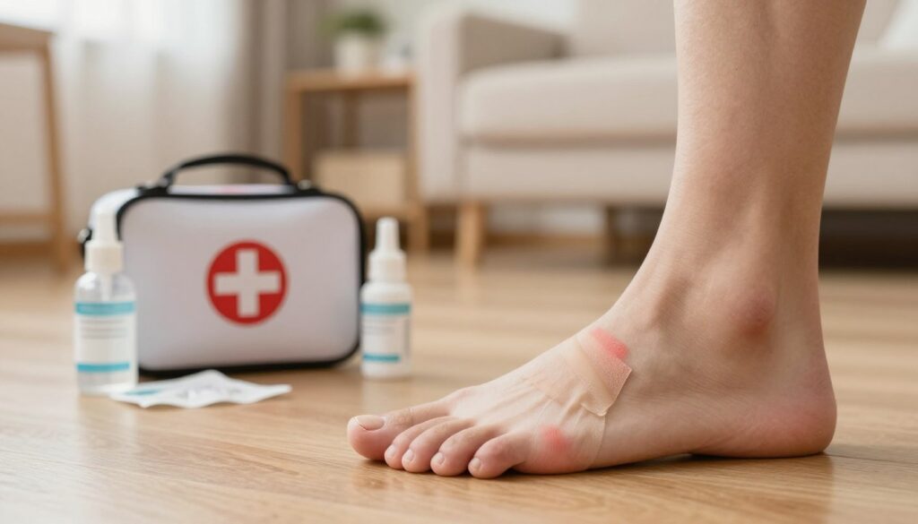 A person taking cautious steps on a wooden floor, showcasing their foot with a healing toe where a toenail has been recently removed. The foot is slightly elevated, revealing a clean, bandaged area with fresh, light-red skin. In the foreground, the focus is on the foot, while in the middle ground, a small first aid kit and antiseptic supplies are neatly arranged. The background features a softly lit, comforting room with warm tones, perhaps a cozy living space or clinic, to convey a sense of healing and care. The atmosphere is calm and reassuring, reflecting the initial recovery process after a minor surgical procedure. The lighting is natural and gentle, creating a feeling of warmth and safety. A person taking cautious steps on a wooden floor, showcasing their foot with a healing toe where a toenail has been recently removed. The foot is slightly elevated, revealing a clean, bandaged area with fresh, light-red skin. In the foreground, the focus is on the foot, while in the middle ground, a small first aid kit and antiseptic supplies are neatly arranged. The background features a softly lit, comforting room with warm tones, perhaps a cozy living space or clinic, to convey a sense of healing and care. The atmosphere is calm and reassuring, reflecting the initial recovery process after a minor surgical procedure. The lighting is natural and gentle, creating a feeling of warmth and safety.