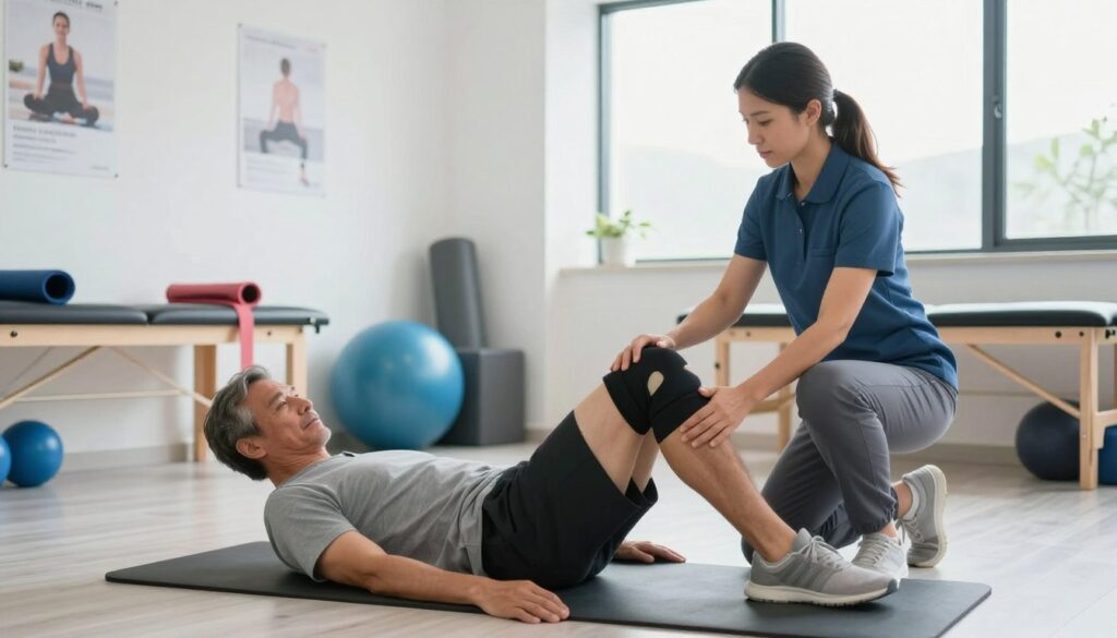 A physical therapist demonstrating rehabilitation exercises for a knee injury in a well-lit clinic. In the foreground, a middle-aged male patient in modest athletic wear is lying on an exercise mat, focusing on knee mobility exercises with a therapist beside him, guiding his movements. The therapist, a female professional in a smart polo shirt and trousers, is attentively observing the patient’s posture. In the middle ground, various rehabilitation equipment like resistance bands and exercise balls are organized neatly. The background showcases a clean, modern therapy room with motivational posters on the walls and a large window allowing natural light to fill the space, creating a positive and encouraging atmosphere. The overall mood is one of support and recovery, emphasizing the journey towards full mobility and strength.