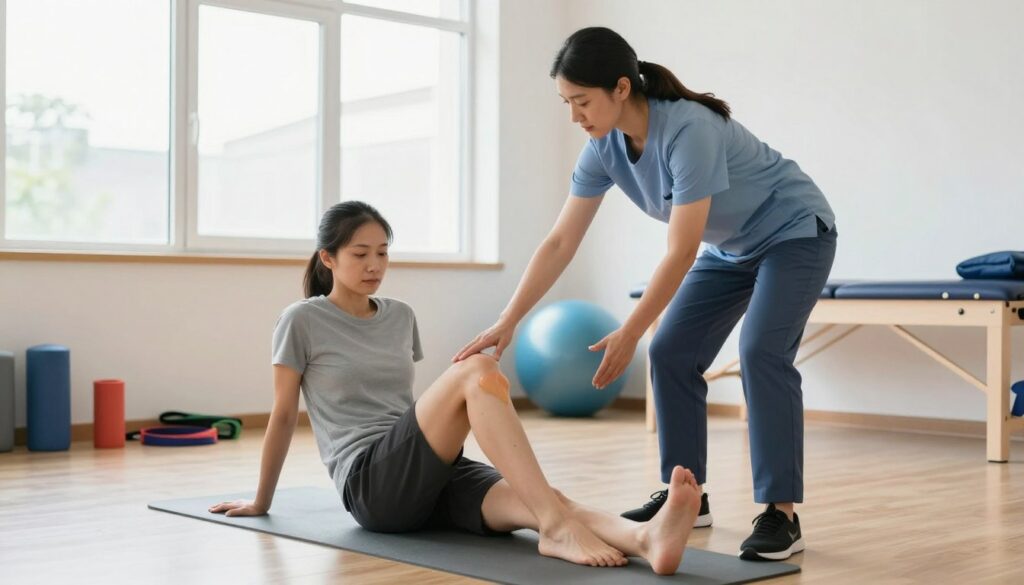 A physical therapist guiding a patient through knee rehabilitation exercises in a bright, modern therapy room. In the foreground, the therapist, dressed in professional attire, demonstrates a stretching technique, while the patient, in modest casual clothing, follows along on a yoga mat. In the middle, various rehabilitation equipment is neatly arranged, including resistance bands and exercise balls. The background features large windows letting in natural light, with soft colors on the walls that create an inviting atmosphere. The scene conveys a sense of support, recovery, and determination, highlighting the importance of rehabilitation in restoring knee function. The perspective is slightly angled to capture both the therapist and patient clearly, creating a dynamic sense of interaction.