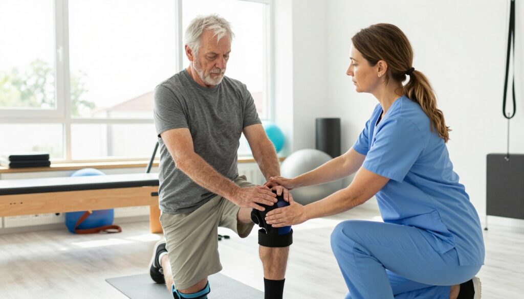 A physical therapist guiding a patient through knee rehabilitation exercises in a bright, modern clinic. The foreground features the therapist, a middle-aged Caucasian woman in a professional outfit, demonstrating a gentle exercise, while the patient, an elderly man in modest casual clothing, follows her lead with a focus on his movements. In the middle ground, exercise equipment like resistance bands and a stability ball are neatly arranged, indicating a safe rehabilitation environment. The background showcases large windows with natural light streaming in, creating a warm and encouraging atmosphere. The scene conveys a sense of hope and determination, highlighting the importance of gradual recovery in the early phase of knee prosthesis rehabilitation. The angle is slightly elevated, capturing the interaction and the supportive environment effectively. A physical therapist guiding a patient through knee rehabilitation exercises in a bright, modern clinic. The foreground features the therapist, a middle-aged Caucasian woman in a professional outfit, demonstrating a gentle exercise, while the patient, an elderly man in modest casual clothing, follows her lead with a focus on his movements. In the middle ground, exercise equipment like resistance bands and a stability ball are neatly arranged, indicating a safe rehabilitation environment. The background showcases large windows with natural light streaming in, creating a warm and encouraging atmosphere. The scene conveys a sense of hope and determination, highlighting the importance of gradual recovery in the early phase of knee prosthesis rehabilitation. The angle is slightly elevated, capturing the interaction and the supportive environment effectively.