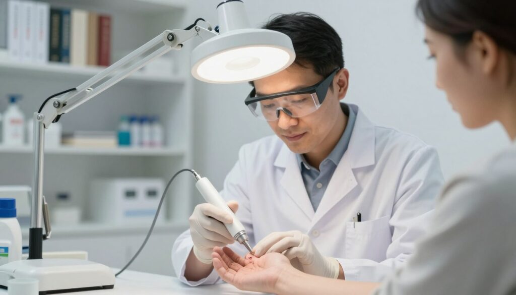 A professional dermatologist in a clean, well-lit office, examining a patient’s hand with a visible wart under a bright examination lamp. The dermatologist, dressed in a white coat and safety goggles, is using a cryotherapy device, focusing on the wart. In the background, shelves filled with medical books and tools can be seen, enhancing the clinical environment. The lighting is bright and clear, creating a sterile yet inviting atmosphere. The image captures the serious and hopeful mood of seeking treatment, emphasizing the importance of professional care. The angle is slightly elevated, providing a comprehensive view of both the dermatologist's techniques and the patient's hand, highlighting the wart in question. A professional dermatologist in a clean, well-lit office, examining a patient’s hand with a visible wart under a bright examination lamp. The dermatologist, dressed in a white coat and safety goggles, is using a cryotherapy device, focusing on the wart. In the background, shelves filled with medical books and tools can be seen, enhancing the clinical environment. The lighting is bright and clear, creating a sterile yet inviting atmosphere. The image captures the serious and hopeful mood of seeking treatment, emphasizing the importance of professional care. The angle is slightly elevated, providing a comprehensive view of both the dermatologist's techniques and the patient's hand, highlighting the wart in question.