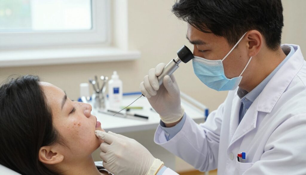 A professional dermatologist's office setting, featuring a focused medical examination on a patient’s face. In the foreground, a doctor in a white coat, wearing gloves and a surgical mask, delicately examines a patient's cheek where a prominent wart, or 'kurzajka', is visible. The doctor holds a dermatoscope, capturing minute details of the skin. In the middle ground, a well-organized medical table displays tools for dermatological procedures, emphasizing a clinical environment. The background shows calming, muted colors with a window allowing soft natural light to enhance the atmosphere of clinical safety. The overall mood conveys professionalism and caution, highlighting the importance of seeking professional help rather than self-removing warts.