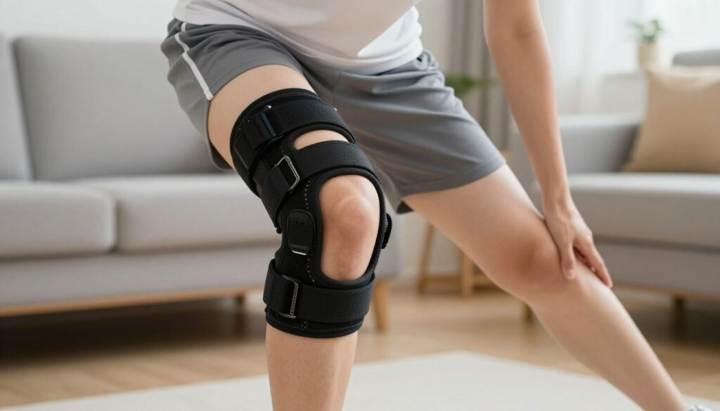 A professional, detailed depiction of a knee brace being worn by a person engaged in light physical activity, illustrating the concept of knee protection. In the foreground, focus on the knee brace, noting its adjustable strap and cushioned material. The middle ground features a person in modest athletic wear, demonstrating exercises such as stretching or gentle squats, showcasing proper knee support. The background should include a home environment with soft, ambient lighting, suggesting a safe and comfortable space for rehabilitation. Utilize a slightly elevated angle to capture both the brace and the individual’s movements clearly. The mood should be optimistic and encouraging, emphasizing the importance of knee health and everyday protective measures.