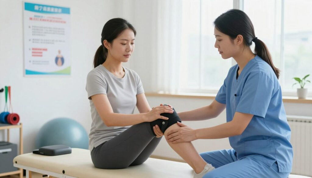 A professional healthcare setting featuring a caring physical therapist assisting a patient recovering from a knee injection. In the foreground, show the therapist gently demonstrating knee exercises to the patient, who is seated on a therapy table. The therapist is dressed in scrubs, while the patient wears modest athletic wear. In the middle ground, include exercise equipment like resistance bands and a stability ball, along with a poster on the wall outlining recommended post-injection care. The background showcases a bright, well-lit room with soft natural light filtering through large windows. Capture a sense of calm and hopefulness, reflecting the journey towards recovery and improved mobility post-injection. Use a slight depth of field to focus on the therapist and patient while softly blurring the background for a professional presentation.