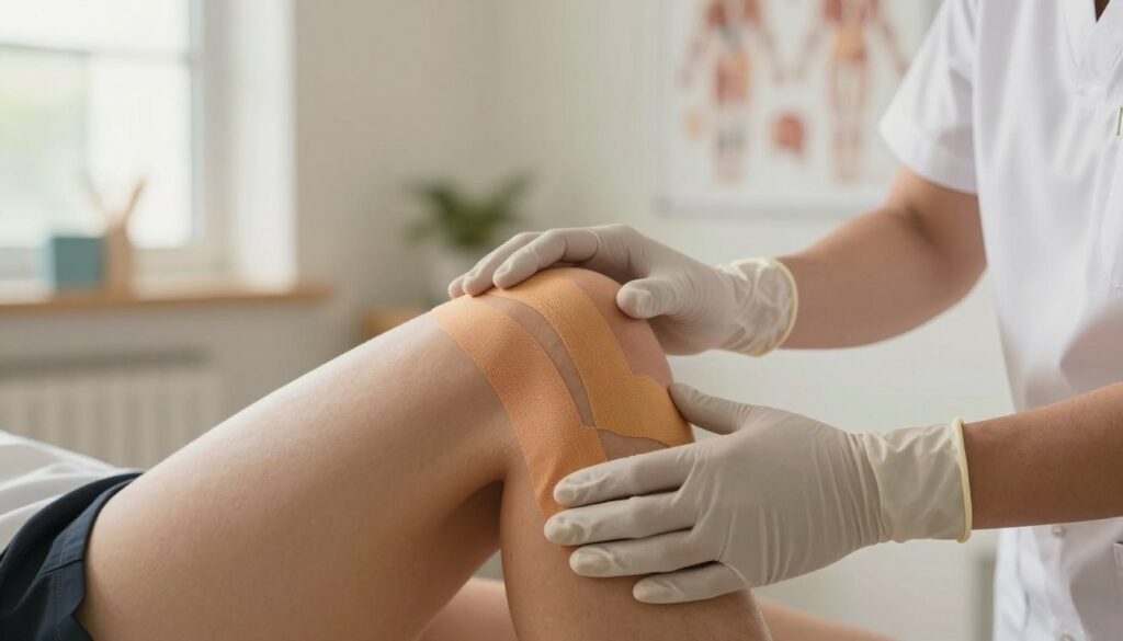 A professional healthcare setting featuring a close-up image of a knee with kinesiology tape applied. The knee should be the focal point in the foreground, showcasing the tape's placement to support joint stability. In the middle ground, a pair of hands should gently examine the knee, clad in modest, professional medical gloves, emphasizing care and expertise. The background should be softly blurred, suggesting a clinical environment with medical tools or anatomy charts, contributing to an informative atmosphere. Natural lighting filters through a window, casting a warm glow, enhancing the image's focus on the knee and the expertise involved. The overall mood should convey caution and professionalism, highlighting contraindications for kinesiotaping without explicit visuals of any discomfort or issues.