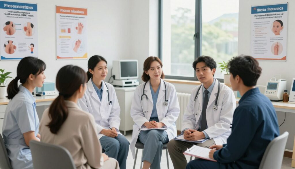 A professional healthcare setting illustrating the prevention of human papillomavirus (HPV) infections related to warts. In the foreground, a diverse group of healthcare professionals in business attire is engaged in a discussion with a patient in modest casual clothing. They are surrounded by educational posters detailing wart prevention methods. The middle layer features a well-organized office with medical equipment and informative charts, conveying a sense of expertise. The background showcases a serene environment with soft, natural lighting filtering through large windows, illuminating the room and creating a calm atmosphere. The overall mood is hopeful and informative, emphasizing the importance of prevention in a supportive healthcare context. A professional healthcare setting illustrating the prevention of human papillomavirus (HPV) infections related to warts. In the foreground, a diverse group of healthcare professionals in business attire is engaged in a discussion with a patient in modest casual clothing. They are surrounded by educational posters detailing wart prevention methods. The middle layer features a well-organized office with medical equipment and informative charts, conveying a sense of expertise. The background showcases a serene environment with soft, natural lighting filtering through large windows, illuminating the room and creating a calm atmosphere. The overall mood is hopeful and informative, emphasizing the importance of prevention in a supportive healthcare context.