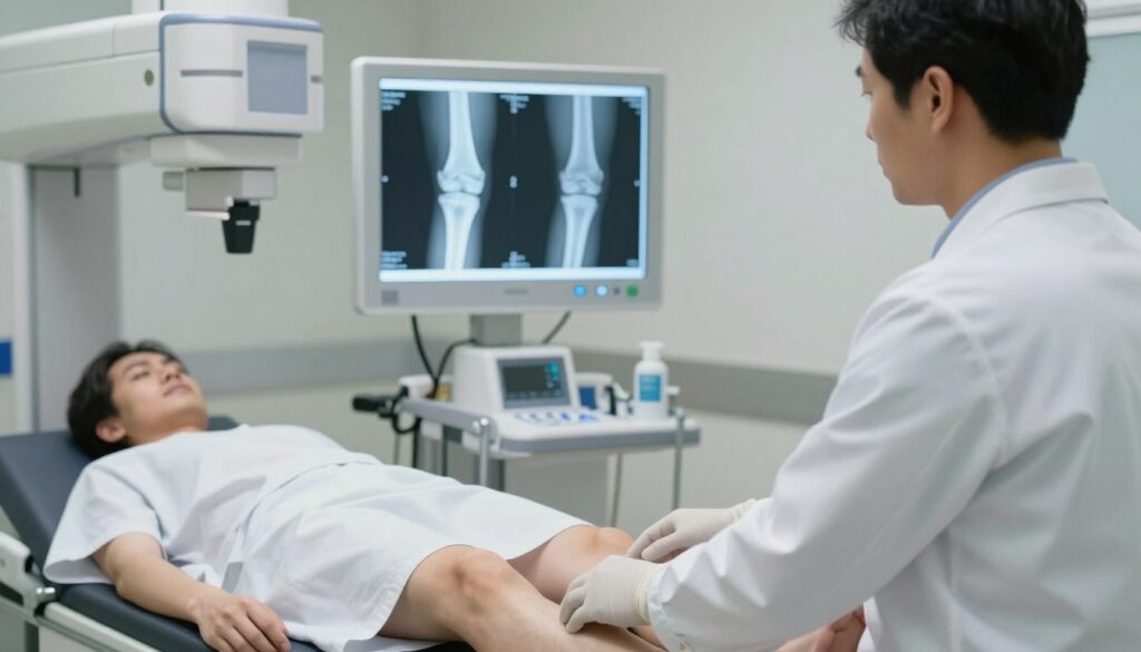 A professional medical setting featuring a knee X-ray machine in action, highlighting the importance of patient safety in radiographic imaging. In the foreground, a healthcare professional, dressed in a white lab coat and gloves, is carefully positioning a patient’s leg for the X-ray. The patient, dressed in modest hospital attire, appears calm and reassured. In the middle ground, a digital display shows a knee X-ray image, clearly illustrating details such as joint alignment and potential abnormalities. The background features medical equipment and soft ambient lighting to create a sterile yet inviting atmosphere, emphasizing safety and compliance. The scene captures a sense of professionalism and trust, with a focus on the procedure's safety measures.