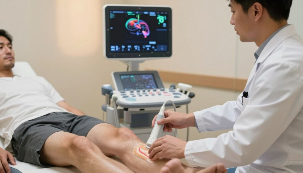 A professional medical setting showcasing a Doppler ultrasound procedure for diagnosing vein issues. In the foreground, a clinician in a white lab coat gently applies gel to a patient's lower leg while adjusting the ultrasound probe. The patient, wearing modest clothing, appears relaxed and calm, seated on an examination table. In the middle ground, a digital ultrasound display visibly shows colorful blood flow patterns, indicative of healthy and problematic veins. The background consists of medical instruments and a softly lit room, enhancing a sense of professionalism and precision. The atmosphere is clinical yet reassuring, with warm lighting to create a welcoming environment for the patient. The image should be captured from an angle that highlights both the clinician's focused expression and the ultrasound display's important details.