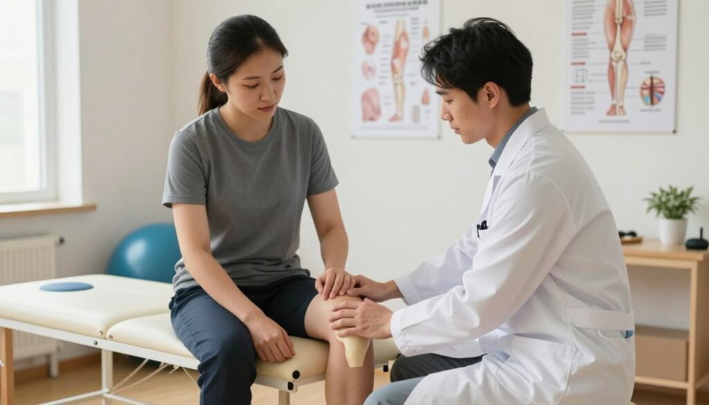 A professional physical therapy consultation focused on a knee joint. In the foreground, a physical therapist, dressed in a white lab coat and smart casual attire, is attentively examining a patient’s knee, illustrating hands-on assessment techniques. The patient, wearing modest athletic clothing, sits on an examination table, looking engaged and relaxed. In the middle ground, various physical therapy tools and posters about knee anatomy and rehabilitation are clearly visible. The background features a clean, well-lit clinic room with neutral tones and calming decor, enhancing the atmosphere of professionalism and care. Soft, natural lighting filters through a window, creating a warm, inviting environment. The image captures the essence of therapeutic support and expertise, emphasizing the fundamental importance of professional consultation in treatment.