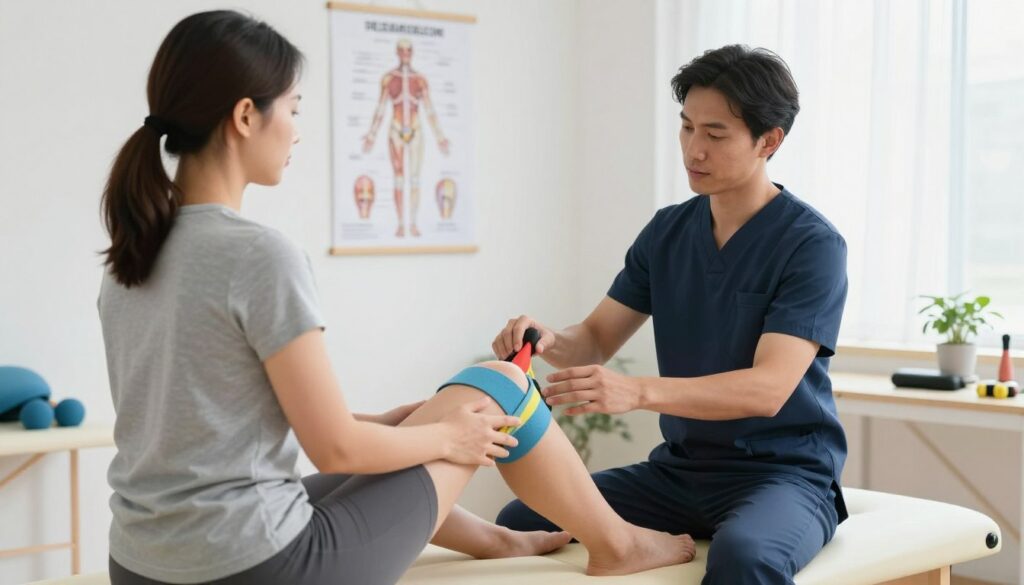 A professional physiotherapist demonstrates knee conservative treatment in a well-lit clinical setting, focused on a patient sitting on an examination table. The therapist, dressed in smart casual attire, uses a set of therapeutic bands and resistance tools, showcasing exercises aimed at strengthening the inner knee area. In the background, anatomical posters of the knee, along with exercise equipment, create an informative atmosphere. Soft, natural lighting illuminates the scene, highlighting the therapist's focused expression as they guide the patient through the exercises. The overall mood is encouraging and supportive, emphasizing the importance of physical therapy in knee pain management.