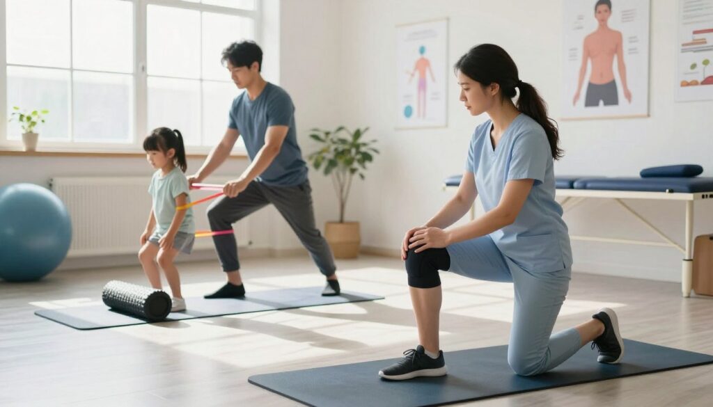A professional physiotherapist demonstrates knee exercises designed for children and adults with knee valgus (knock knees) in a bright, spacious clinic. In the foreground, the therapist, dressed in smart casual attire, is showing a stretching exercise, encouraging proper form. In the middle ground, a child and an adult are participating in complementary exercises with foam rollers and resistance bands. The background features exercise mats and motivational posters about physical health. Soft, natural light streams in from large windows, casting gentle shadows and creating an inviting atmosphere. The overall mood is encouraging and supportive, emphasizing a sense of community and improvement through rehabilitation.