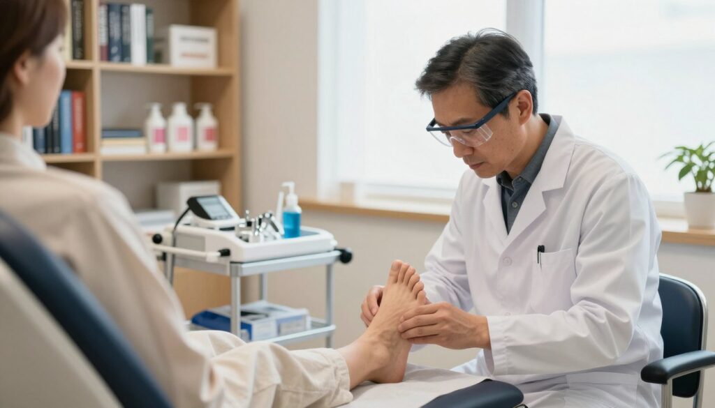 A professional podiatrist carefully examining a patient's feet in a well-lit office setting. The scene includes a comfortable examination chair and a medical equipment cart with various podiatric tools. In the foreground, focus on the podiatrist, a middle-aged individual wearing a white lab coat and safety glasses, with a look of concentration as they assess the patient's foot health. The patient's feet, visible and in a relaxed position, are surrounded by soft, neutral-toned drapes. In the background, shelves filled with medical textbooks and foot care products create a clinical yet inviting atmosphere, emphasizing the importance of foot health. Natural light streams through a window, adding warmth to the scene and enhancing the feeling of care and professionalism. A professional podiatrist carefully examining a patient's feet in a well-lit office setting. The scene includes a comfortable examination chair and a medical equipment cart with various podiatric tools. In the foreground, focus on the podiatrist, a middle-aged individual wearing a white lab coat and safety glasses, with a look of concentration as they assess the patient's foot health. The patient's feet, visible and in a relaxed position, are surrounded by soft, neutral-toned drapes. In the background, shelves filled with medical textbooks and foot care products create a clinical yet inviting atmosphere, emphasizing the importance of foot health. Natural light streams through a window, adding warmth to the scene and enhancing the feeling of care and professionalism.