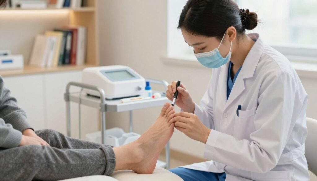 A professional podiatrist examining a patient's feet for nail fungus treatment in a modern clinic setting. In the foreground, the podiatrist, dressed in a white coat and medical scrubs, is focused on assessing the condition of the patient's toenails using a magnifying glass. The patient, seated comfortably, wears modest footwear. In the middle ground, a treatment table with medical tools like antifungal creams and nail clippers. The background features shelves with medical textbooks and sterilized equipment, softly illuminated by warm, natural light coming through a window, creating a calm and clinical atmosphere. The angle is slightly above eye level, capturing both the podiatrist's diligence and the patient's trust in the treatment process.