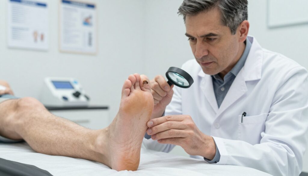 A professional podiatrist in a modern clinic setting, examining a patient's foot with visible nail fungus. The foreground features the patient's foot on an examination table, revealing discolored and thickened toenails indicative of onychomycosis. The middle ground captures the podiatrist, a middle-aged Caucasian male in a lab coat, carefully inspecting the nails with a magnifying glass. The background shows medical charts and treatment equipment, emphasizing a clinical atmosphere. The lighting is bright and sterile, suggesting a sense of professionalism and trust. Soft, neutral colors dominate the scene to evoke a calm and reassuring mood, conveying the seriousness of toenail fungus treatment.