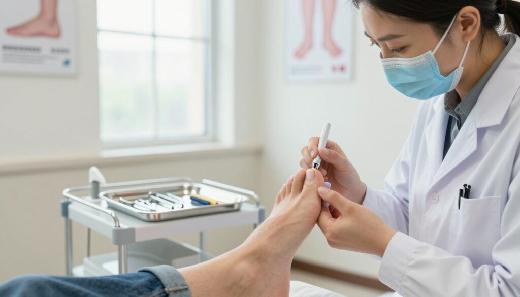 A professional podiatrist’s office, showcasing advanced methods for treating ingrown toenails. In the foreground, a physician in a crisp white coat expertly demonstrates a toenail correction technique using a brace on a patient’s foot, which is shown clean and well-groomed, carefully positioned for clarity. In the middle ground, various medical instruments and tools neatly arranged on a sterile tray reflect professionalism. The background features soft, natural light streaming through large windows, creating a calm and reassuring atmosphere. The walls are adorned with medical posters related to foot care and treatment methods. The overall mood conveys a sense of trust, care, and expertise, emphasizing the importance of professional treatment over self-application.