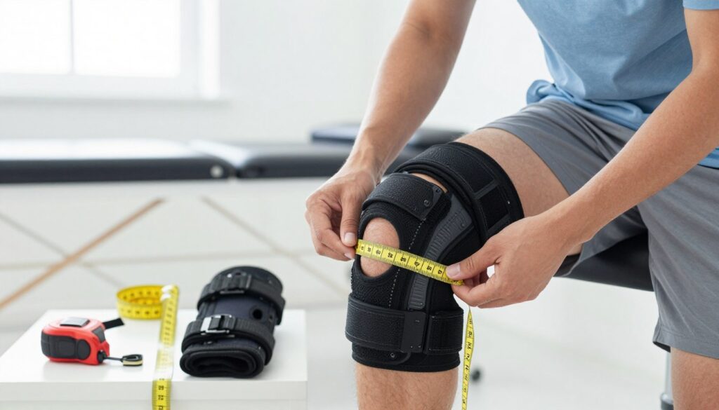 A professional setting featuring a close-up of a person adjusting a knee brace to ensure a proper fit for maximum protection and support. In the foreground, the individual, dressed in modest athletic wear, is focused on the process of measuring and securing the brace around their knee. In the middle ground, a measuring tape and various sizes of knee braces are displayed, emphasizing the importance of finding the correct size. The background includes a clean, bright physiotherapy clinic with soft lighting enhancing the atmosphere of care and rehabilitation. The image captures a sense of determination and professionalism, underscoring the significance of proper knee support in injury prevention and recovery.