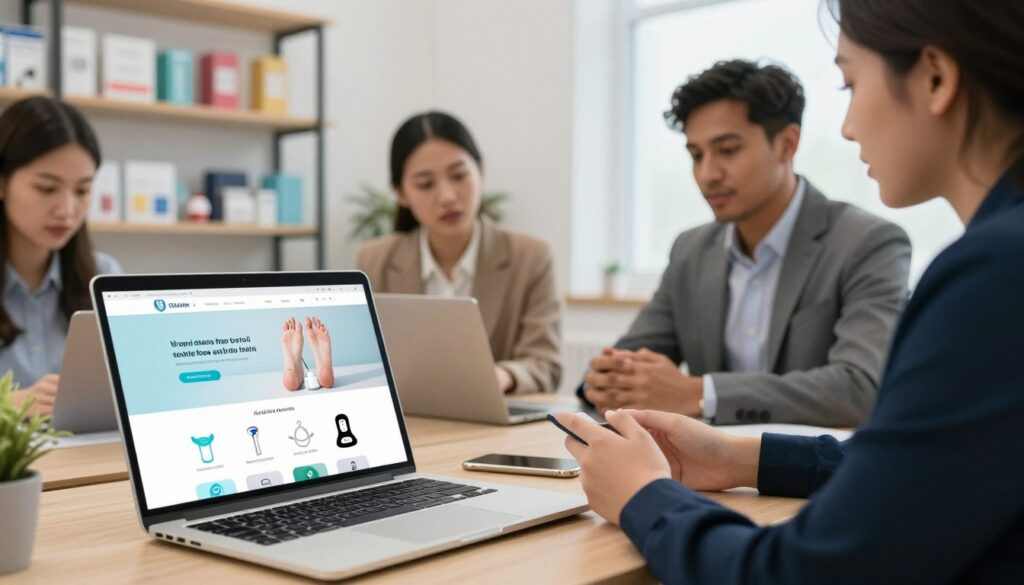 A professional workspace featuring a safe and secure online shopping theme. In the foreground, a clean, modern laptop displays a website for purchasing foot care tools, with an emphasis on safety features highlighted. In the middle ground, a diverse group of individuals in business attire is discussing online shopping strategies, with expressions of focus and collaboration. In the background, a well-organized office setting with soft, ambient lighting creates a welcoming atmosphere. An assortment of foot care products neatly arranged on a shelf underscores the article's theme. The angle is slightly elevated to capture the interactions naturally, while a soft focus ensures the products remain visibly appealing. The overall mood conveys trust, professionalism, and safety in online shopping.
