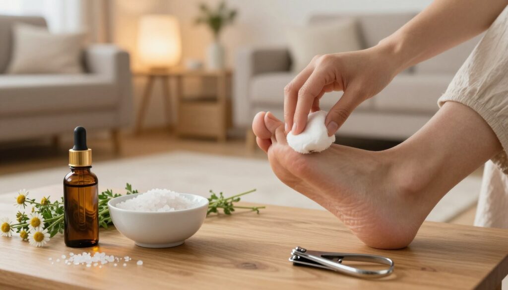 A serene and calming home remedy scene for treating an ingrown toenail. In the foreground, a wooden table displays an array of natural ingredients like a bottle of tea tree oil, a bowl of Epsom salt, and fresh herbs like chamomile, alongside a pair of clean nail clippers. In the middle, a softly focused hand gently applies a cotton ball soaked in antiseptic solution onto a foot, emphasizing care and comfort. The background features warm, ambient lighting, highlighting a cozy living space with soft textures like a plush rug and neutral-colored décor. The mood conveys a sense of relief and tranquility, inviting the viewer to explore safe, at-home treatments for discomfort.