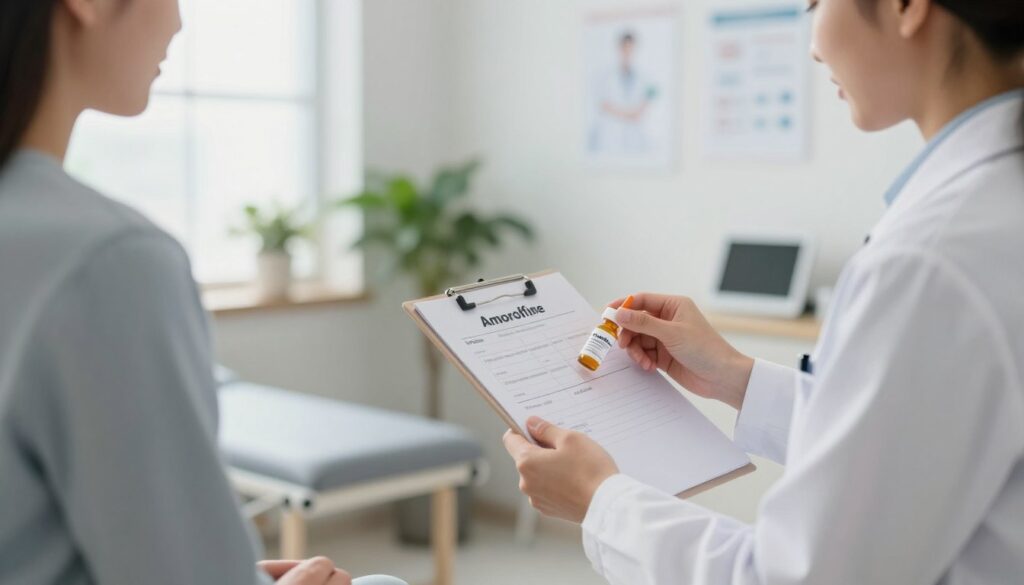 A serene and clean clinic environment, depicting a patient in a well-lit examination room, engaged in a consultation with a healthcare professional. The healthcare professional, dressed in a crisp white lab coat, is holding a chart and explaining the timeline of amorolfine therapy for nail fungus treatment. In the foreground, a close-up of a prescription bottle labeled "Amorolfine" with a subtle focus on the label, hinting at its therapeutic importance. The background features a calm ambiance with soft, natural lighting streaming through a window, plants, and medical charts on the wall. The overall atmosphere should feel hopeful and informative, conveying the essence of healing and recovery in a clinical setting.