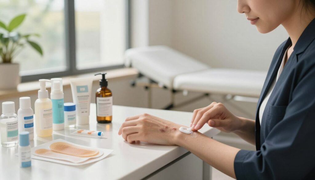 A serene and focused scene depicting scar care in the skin remodeling phase. In the foreground, a caring healthcare professional, dressed in smart business attire, gently applies a soothing cream to a forearm with noticeable scars, reflecting a compassionate approach to healing. The middle ground features a well-organized countertop filled with various scar treatment products, such as silicone sheets, creams, and natural oils. Soft, natural lighting filters through a large window, casting a gentle glow on the scene, creating a calming atmosphere. The background shows a spotless treatment room, with plants providing a touch of warmth. The overall mood is one of hope, healing, and professionalism, emphasizing the importance of proper scar care and skin health.