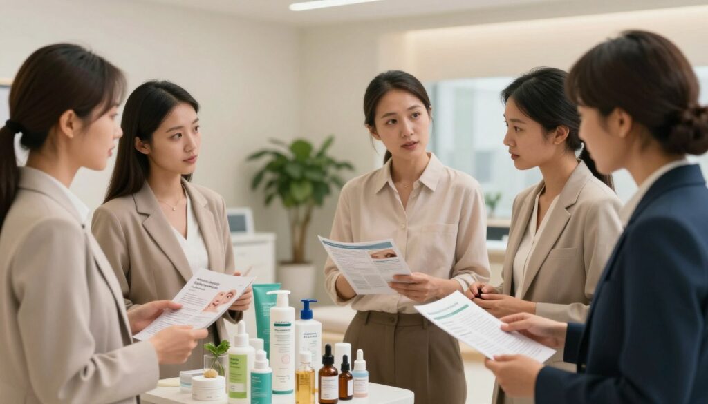 A serene and informative setting illustrating skin health and wart prevention. In the foreground, a diverse group of individuals dressed in professional, business-casual attire examines a variety of dermatological products and pamphlets on healthy skincare while discussing. The middle ground features a well-organized display of natural remedies and skincare products, emphasizing their effectiveness on the skin. The background shows a calming clinic environment with soft lighting, neutral colors, and greenery, creating a peaceful and educational atmosphere. The scene should evoke a sense of care and attentiveness towards skin protection and health, suitable for an informative article. The angle captures the interaction among the individuals and the educational display, highlighting the importance of skincare.