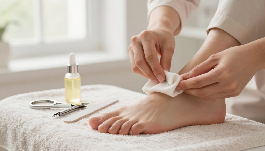 A serene and inviting scene showcasing the preparation of feet for a nail care treatment. In the foreground, a beautifully manicured foot rests on a light-colored towel, with carefully arranged nail care tools like clippers, a file, and cuticle oil placed beside it. The middle ground features a gentle hand of a professional, wearing modest, professional attire, gently cleaning the foot with a soft cloth, showcasing attention to detail. In the background, soft natural lighting filters through a window, creating a calm atmosphere. The entire composition conveys an ambiance of relaxation and self-care, inviting the viewer to appreciate the beauty of the nail preparation process.