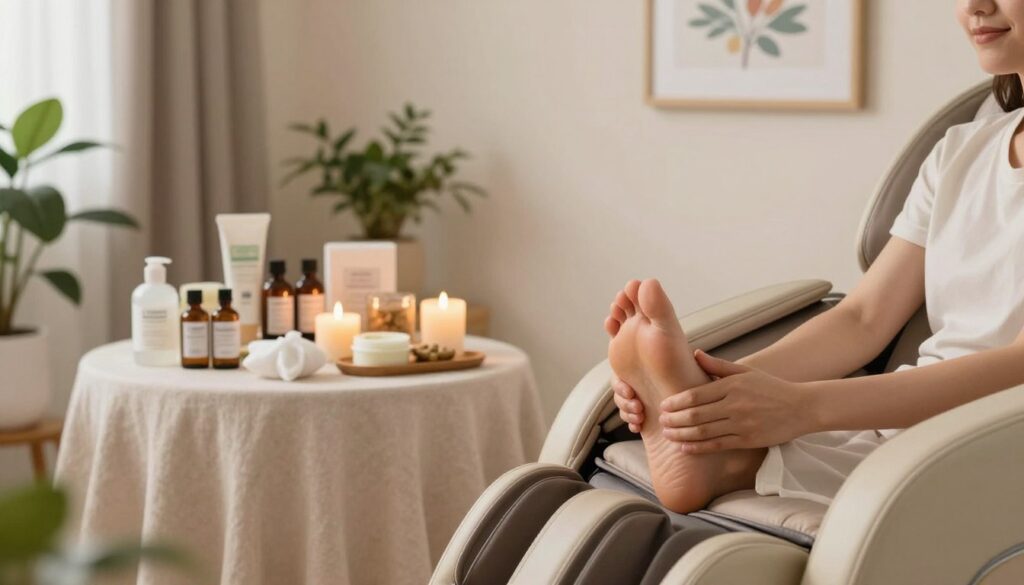 A serene and inviting treatment room designed for alternative foot therapy, featuring a cozy massage chair in the foreground with a person in modest casual clothing receiving a soothing foot massage. In the middle ground, there are various natural healing products displayed, such as herbal oils, soothing balms, and foot soaks, alongside soft candles emitting gentle light. The background showcases calming decor, including plants, a soft color palette, and relaxing artwork that promotes tranquility. The lighting is soft and warm, creating a peaceful atmosphere, suggesting a holistic approach to foot pain relief. The overall mood is serene and comforting, inviting viewers to explore the benefits of alternative foot treatment methods.