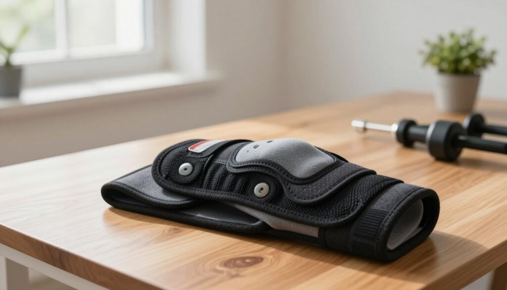 A serene and inviting workspace featuring a close-up of a well-crafted neoprene knee brace, emphasizing its antibacterial inner lining. The knee brace is placed on a smooth, wooden desk, with soft natural light streaming in from a nearby window, creating gentle highlights on its surface. In the background, out of focus, there are clean, organized training equipment and a small plant to add a touch of life and enhance the atmosphere of health and hygiene. The overall mood is calm and professional, underscoring the importance of comfort and care in sports and rehabilitation, showcasing the neoprene knee brace as a vital tool for athletes who value their well-being.