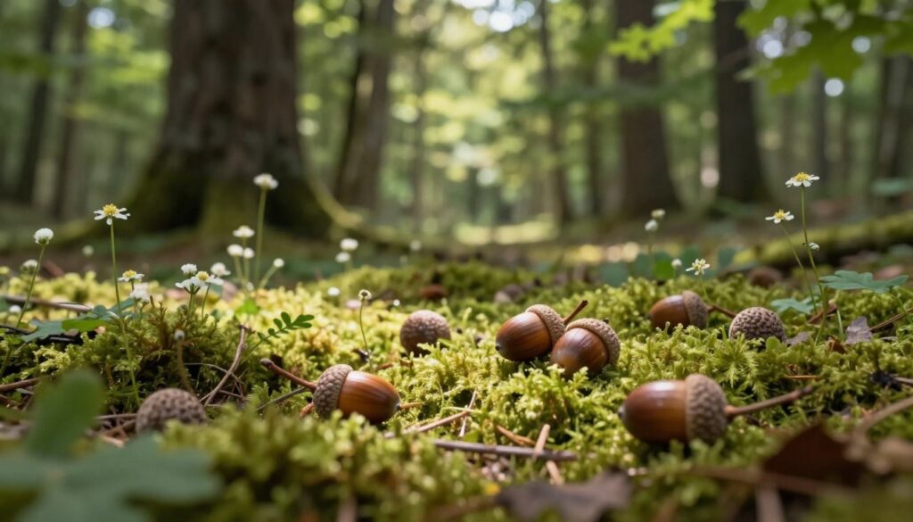 A serene and natural scene portraying acorns (żołędzi) scattered across a soft, mossy forest floor. In the foreground, a few acorns are prominently displayed, showcasing their rich brown shells with a slight sheen, surrounded by lush green moss and tiny, delicate wildflowers. The middle ground features gentle, dappled sunlight filtering through the leaves of towering oak trees, casting soft shadows and creating a warm, inviting atmosphere. In the background, a blurred panorama of a peaceful forest adds depth to the scene, enhancing the feeling of tranquility. The lighting is soft and natural, conveying a sense of calm and safety, suitable for a reflective moment in nature. The overall mood is serene and contemplative, encouraging viewers to connect with the beauty of the natural world.