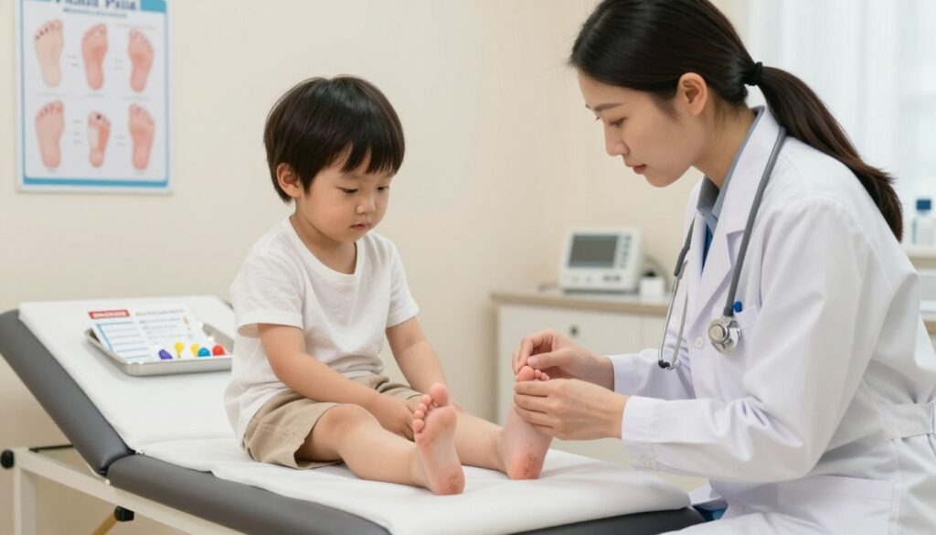 A serene and professional medical setting, featuring a well-lit examination room. In the foreground, a pediatrician in a white coat and modest clothing is attentively examining the toenails of a young child seated on an examination table, both looking calm and focused. The child has their feet gently positioned on a soft cushion, showcasing clear signs of fungal infection. In the middle, there are medical charts on the walls displaying diagrams of healthy and infected nails, and a tray with treatment options, illustrating safety in treatment for children and pregnant women. The background features soft, warm lighting, enhancing the caring atmosphere, and adding a reassuring tone to the scene, emphasizing the importance of safety in medical treatments.