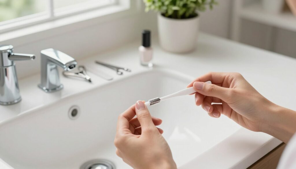 A serene bathroom setting where cleanliness is paramount, showcasing a clean, well-lit countertop. In the foreground, a pair of neatly manicured hands holding a nail brush and a bottle of clear nail polish, emphasizing the importance of nail hygiene. The middle ground features an organized array of professional nail care tools, such as clippers, files, and cuticle pushers, reflecting a tidy space. In the background, soft natural light filters through a window, illuminating fresh potted plants, creating a tranquil atmosphere. The overall mood should feel hygienic, inviting, and reassuring, highlighting the role of personal care in nail health. The scene should be captured with a slight overhead angle to provide a comprehensive view without distractions.