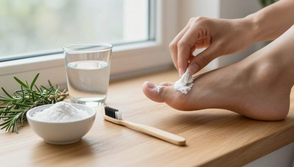 A serene bathroom setting with a wooden countertop displaying various home remedies for toenail fungus. In the foreground, there's a small bowl of baking soda, a toothbrush, and a glass of water surrounded by fresh herbs like tea tree and rosemary. In the middle ground, a hand gently applies the baking soda paste to a toenail, showcasing a focus on care and home treatment. The background features soft, diffused natural light filtering through a frosted window, creating a calming atmosphere. The overall mood is informative and soothing, emphasizing the theme of natural home remedies while suggesting an exploration of alternatives. Capture this scene from a slightly elevated angle to give a clear view of the action and items involved. A serene bathroom setting with a wooden countertop displaying various home remedies for toenail fungus. In the foreground, there's a small bowl of baking soda, a toothbrush, and a glass of water surrounded by fresh herbs like tea tree and rosemary. In the middle ground, a hand gently applies the baking soda paste to a toenail, showcasing a focus on care and home treatment. The background features soft, diffused natural light filtering through a frosted window, creating a calming atmosphere. The overall mood is informative and soothing, emphasizing the theme of natural home remedies while suggesting an exploration of alternatives. Capture this scene from a slightly elevated angle to give a clear view of the action and items involved.