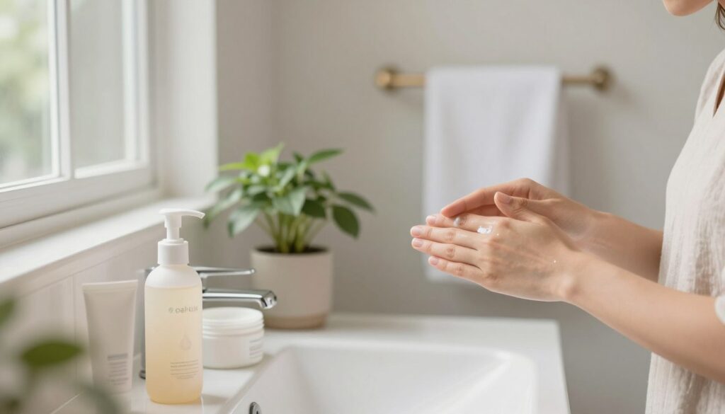 A serene bathroom setting with soft natural light filtering through a window. In the foreground, a small countertop with skincare products arranged neatly, including a soothing lotion for skin protection. The middle ground features a plant for a touch of nature, and a white towel draped on a rack adds warmth. In the background, a softly blurred mirror reflects a clean, minimalist aesthetic. A pair of well-groomed hands, wearing modest casual attire, gently apply the lotion to the skin, demonstrating care and tenderness to avoid irritation. The mood is tranquil and soothing, conveying a sense of safety and protection for healthy skin during application. The overall color palette is soft and calming with pastel tones.