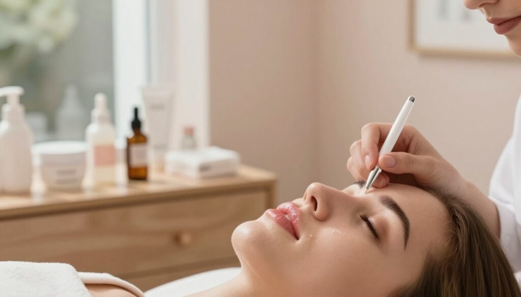 A serene beauty studio with a soft, warm ambiance, emphasizing the process of healing after a permanent makeup procedure on lips. In the foreground, a close-up view of a woman’s lips, slightly swollen with a fresh, natural-looking tint, glistening with a hint of soothing balm. The middle ground shows gentle skincare products neatly arranged on a wooden vanity, including creams and healing serums, subtly illuminated by natural daylight streaming through a large window. In the background, soft pastel-colored walls and elegant decor create a calming atmosphere. The overall mood is tranquil and nurturing, inviting viewers to consider the healing journey. The image should be captured with a shallow depth of field to emphasize the details and soften the background.