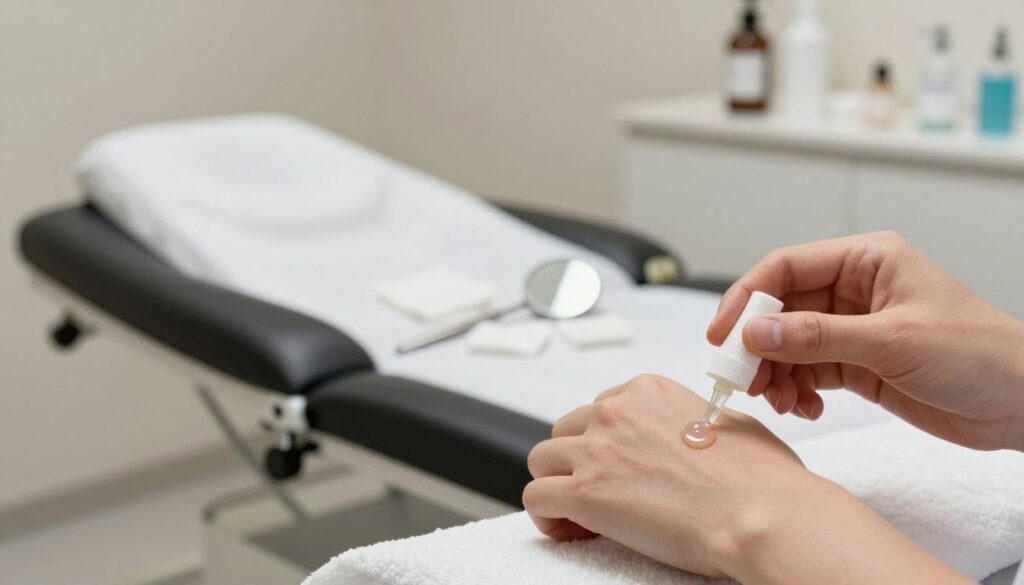 A serene, clinical setting focused on the process of wart removal using acids. In the foreground, a close-up view of a hand gently applying a clear, viscous wart removal solution to a small skin surface, highlighting the texture and application method. In the middle ground, an elegant, modern treatment table is adorned with sterile equipment, including cotton pads and a small mirror, conveying a professional atmosphere. The background features softly blurred shelves with medical supplies and soothing lighting that enhances the sterile environment, creating a sense of calm and safety. The overall mood should reflect trust and professionalism, suitable for a healthcare context.