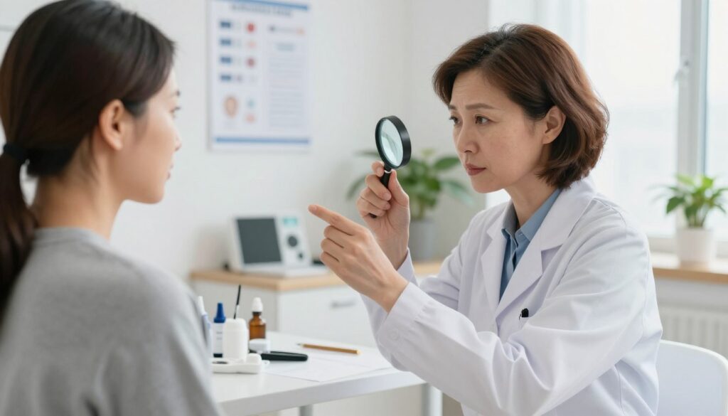 A serene dermatology consultation scene featuring a dermatology specialist and a patient, both clad in professional attire. In the foreground, the dermatologist, a middle-aged woman with short brown hair, is examining the patient's skin with a magnifying glass, displaying a focused expression. The middle ground showcases a well-lit examination room with medical charts on the walls and dermatological tools neatly arranged on a desk. Incorporate a potted plant in the corner to enhance the inviting atmosphere. The background should suggest soft natural light filtering through a window, creating a calm, reassuring environment. The mood conveys professionalism and trust, emphasizing the importance of medical consultations for skin conditions. A lens perspective of 35mm ensures a clear view of the interaction without overwhelming details.
