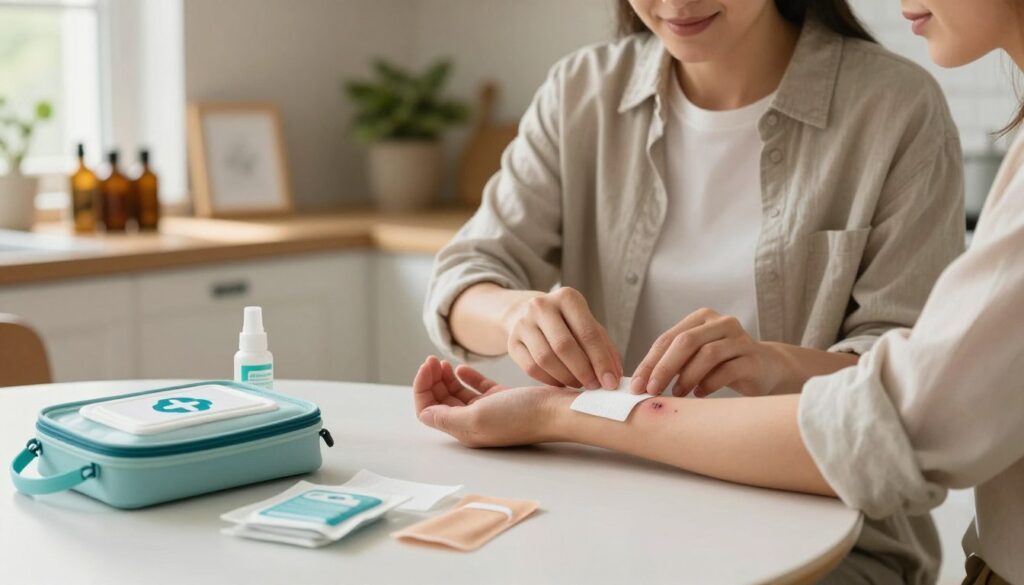 A serene home environment focusing on the care of a cut wound. In the foreground, depict a clean kitchen table with a well-organized first aid kit, featuring antiseptic wipes, bandages, and antibiotic ointment. In the middle, illustrate a compassionate caregiver in modest casual clothing, gently applying a dressing to a small cut on a patient's forearm, showcasing proper technique. Soft, natural lighting from a window creates a warm, inviting atmosphere, enhancing the sense of care and attention. In the background, include shelves with herbal remedies and essential oils to emphasize home treatment options, subtly framed by a cozy kitchen. The overall mood reflects healing and kindness, reinforcing the importance of proper wound care at home.