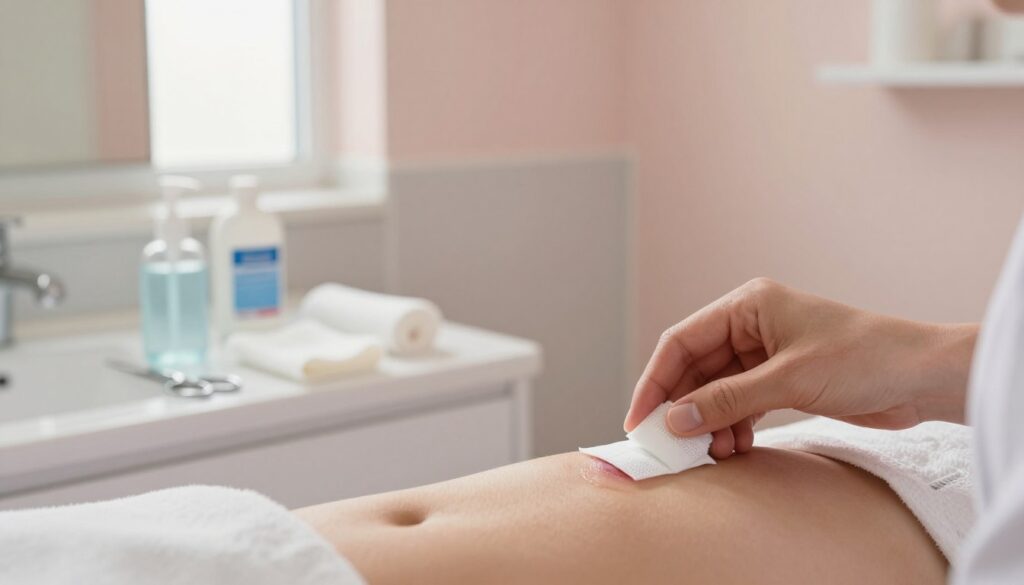 A serene home environment illustrating daily wound care after laparoscopic surgery, emphasizing a clean and organized space. In the foreground, a gentle hand is carefully applying a sterile dressing to a small abdominal incision, demonstrating proper technique and hygiene. The middle ground features a well-lit bathroom counter with wound care supplies such as antiseptic solution, gauze, and scissors, all arranged neatly. Soft natural light filters through a nearby window, casting a warm glow and creating a calm atmosphere. The background shows muted pastel-colored walls, enhancing the soothing ambiance. The overall composition conveys a sense of professionalism and care while focusing on the medical aspect of post-operative recovery.