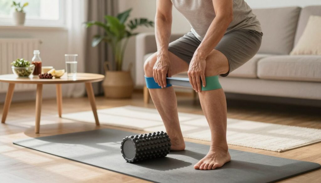 A serene home environment showcasing a middle-aged person with a focus on their knees, demonstrating various home remedies for relieving knee pain during squatting and standing. In the foreground, the person, dressed in comfortable yet modest casual clothing, is using a foam roller and resistance bands. The middle ground features a yoga mat and a small table with herbal remedies and a glass of water. Soft, natural lighting filters through a nearby window, casting gentle shadows that enhance the calming atmosphere. The background displays a peaceful living room setting, with plants and warm colors, creating a sense of comfort and healing. The overall mood is uplifting and encouraging, emphasizing the importance of self-care in maintaining mobility.